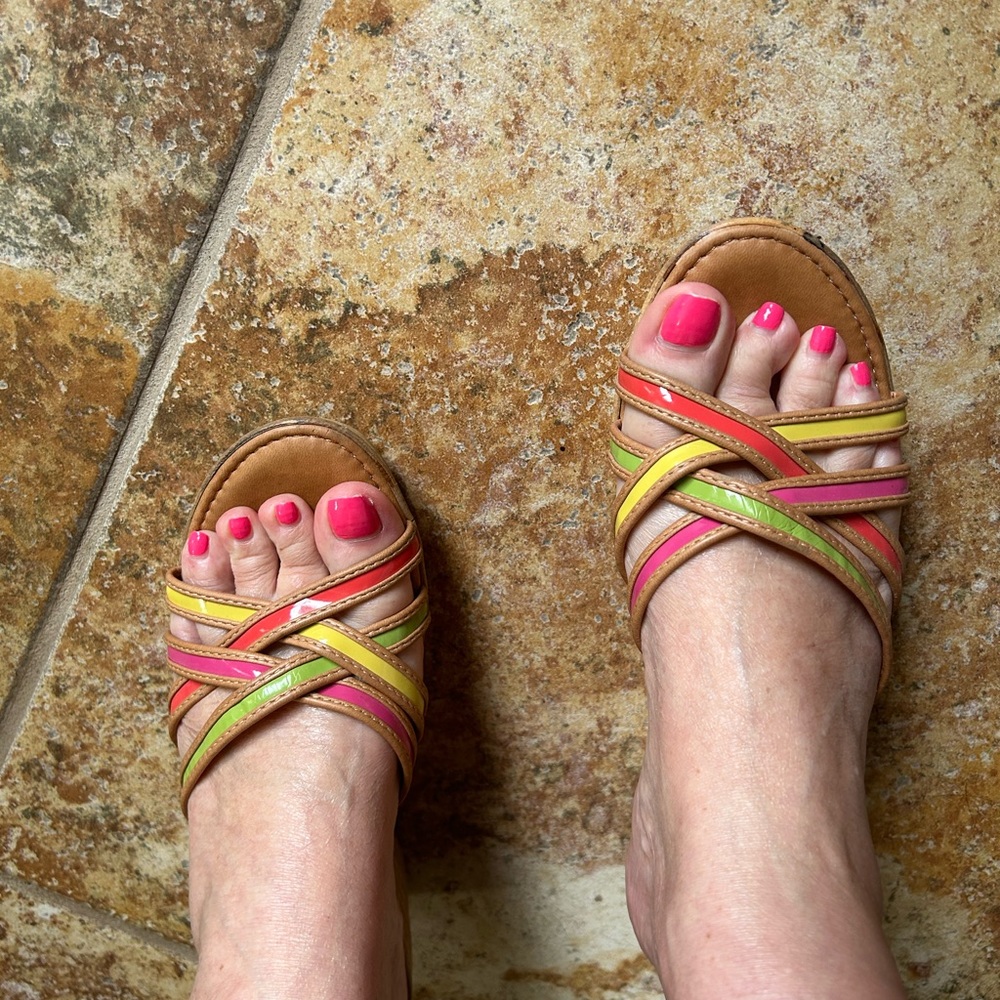 Italian shoemakers, wedge platform, sandals. Size 7. Pink green, orange & yellow